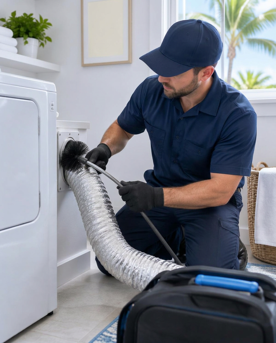 Technician cleaning a dryer vent duct